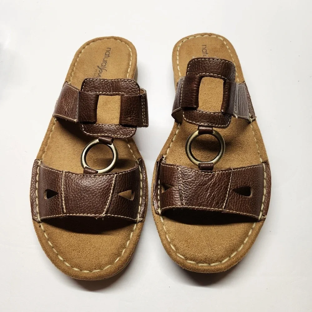 Natural Soul‎ by Naturalizer Dalbert Brown Leather Slide Sandals Womens 8M Shoe